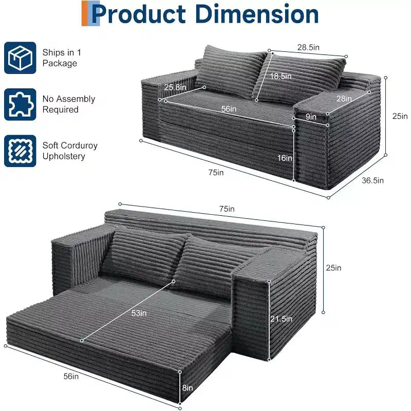 Divano Letto Convertibile con 2 Cuscini – Divano Letto Pieghevole 2-in-1, Nessun Montaggio Richiesto