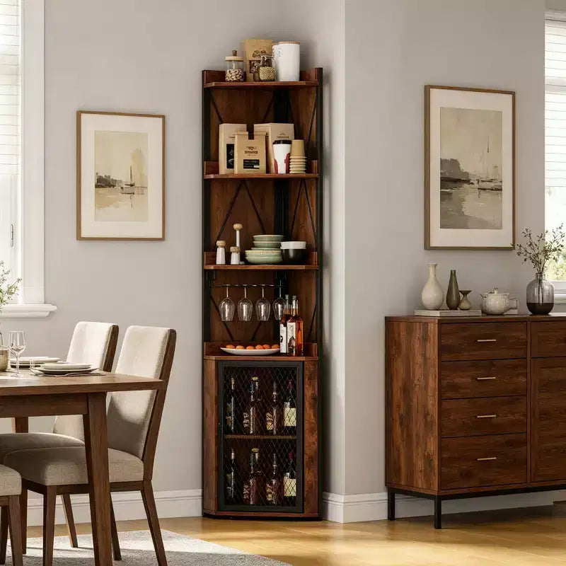 69 Tall Corner Bar Cabinet with 5-Tier Shelves for Living Room Kitchen and Dining Room