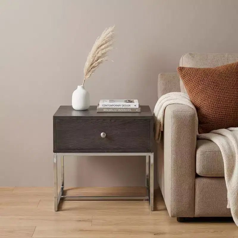 Tavolino 22" cromato e rovere grigio con cassetto