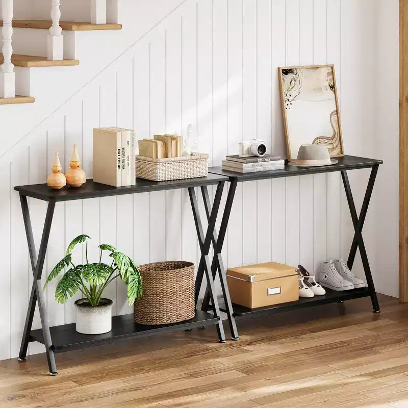 Tavolino Console Stretto con Ripiani a 2 Livelli, Struttura in Metallo, per Ingresso, Corridoio, Soggiorno