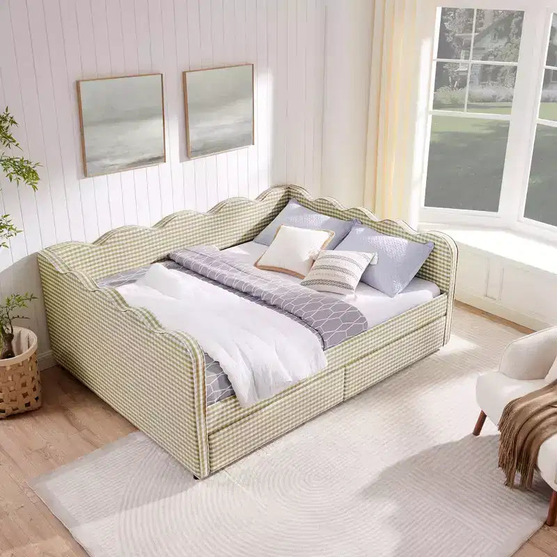 Daybed Queen Size in Gingham con Struttura Ondulata, 2 Cassetti Contenitori e Porta USB, Rivestito in Lino