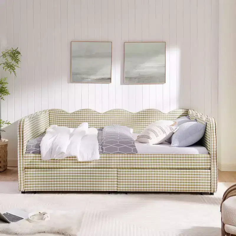 Daybed Queen Size in Gingham con Struttura Ondulata, 2 Cassetti Contenitori e Porta USB, Rivestito in Lino