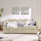 Daybed Queen Size in Gingham con Struttura Ondulata, 2 Cassetti Contenitori e Porta USB, Rivestito in Lino