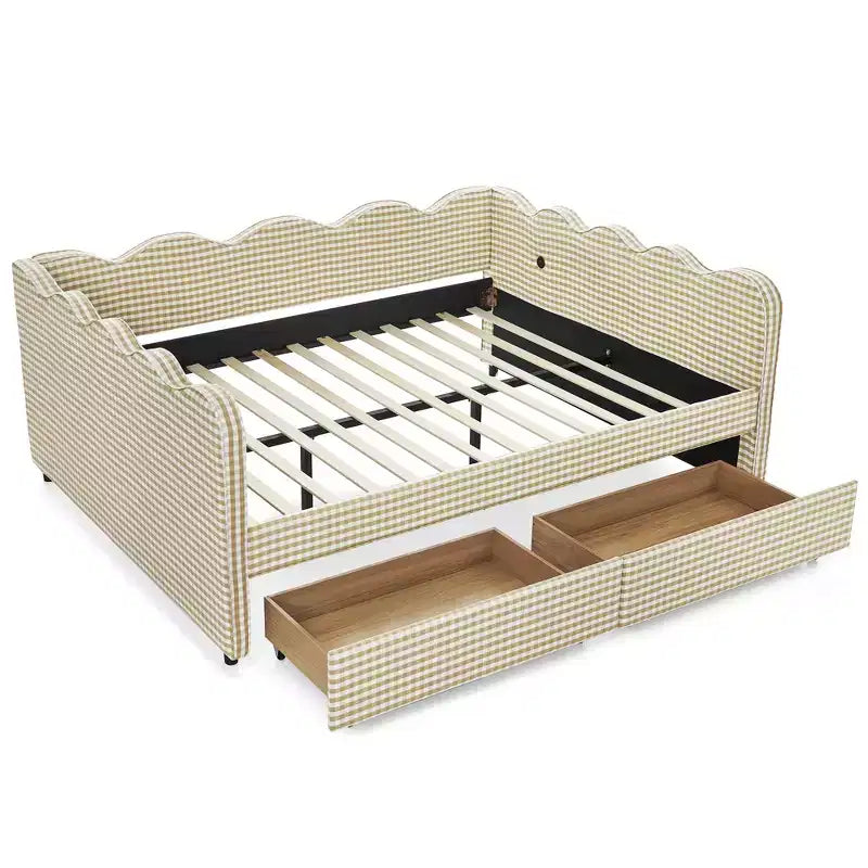 Daybed Queen Size in Gingham con Struttura Ondulata, 2 Cassetti Contenitori e Porta USB, Rivestito in Lino