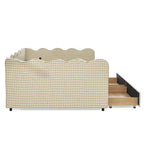 Daybed Queen Size in Gingham con Struttura Ondulata, 2 Cassetti Contenitori e Porta USB, Rivestito in Lino