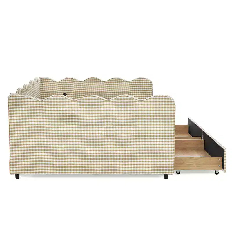 Daybed Queen Size in Gingham con Struttura Ondulata, 2 Cassetti Contenitori e Porta USB, Rivestito in Lino
