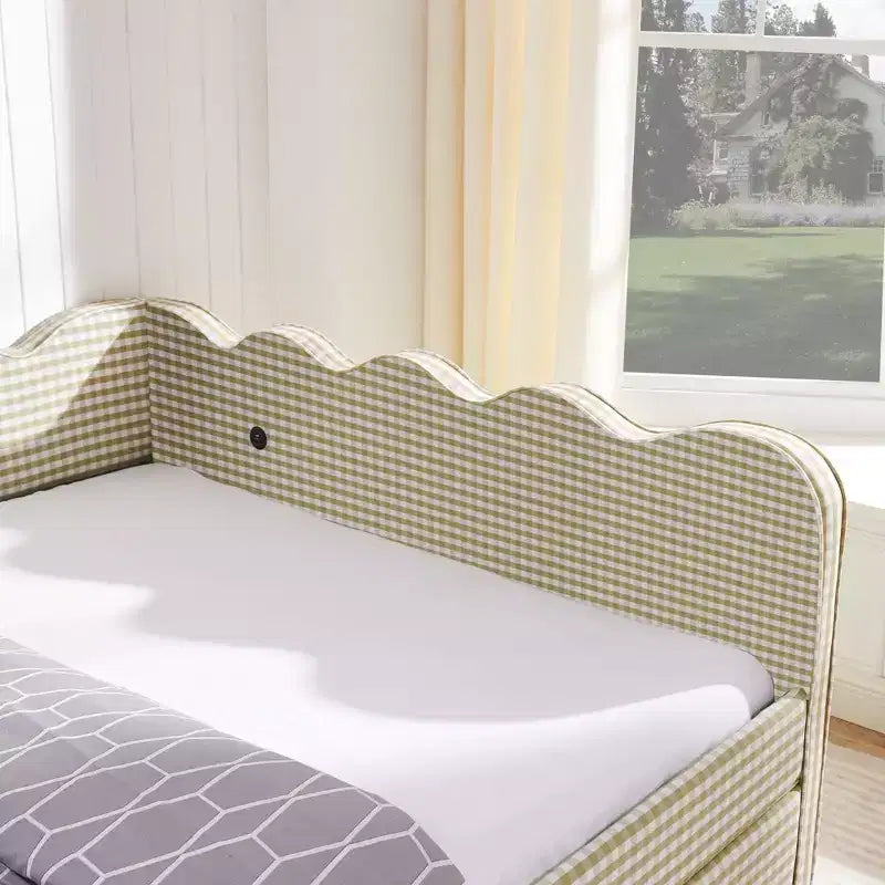 Daybed Queen Size in Gingham con Struttura Ondulata, 2 Cassetti Contenitori e Porta USB, Rivestito in Lino