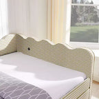 Daybed Queen Size in Gingham con Struttura Ondulata, 2 Cassetti Contenitori e Porta USB, Rivestito in Lino