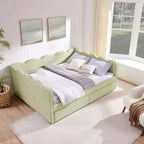 Daybed Queen Size in Gingham con Struttura Ondulata, 2 Cassetti Contenitori e Porta USB, Rivestito in Lino
