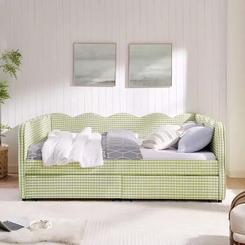 Daybed Queen Size in Gingham con Struttura Ondulata, 2 Cassetti Contenitori e Porta USB, Rivestito in Lino