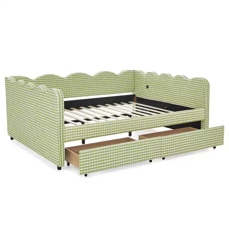 Daybed Queen Size in Gingham con Struttura Ondulata, 2 Cassetti Contenitori e Porta USB, Rivestito in Lino