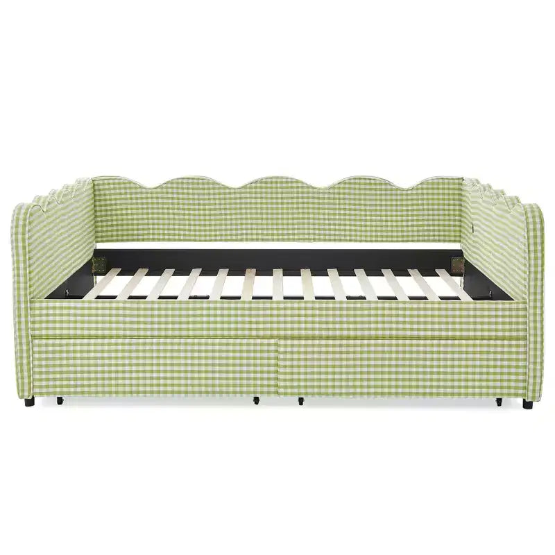 Daybed Queen Size in Gingham con Struttura Ondulata, 2 Cassetti Contenitori e Porta USB, Rivestito in Lino