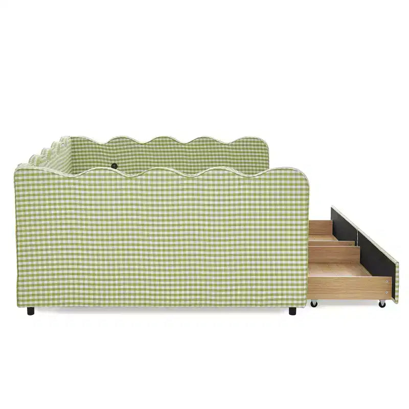 Daybed Queen Size in Gingham con Struttura Ondulata, 2 Cassetti Contenitori e Porta USB, Rivestito in Lino