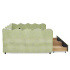 Daybed Queen Size in Gingham con Struttura Ondulata, 2 Cassetti Contenitori e Porta USB, Rivestito in Lino