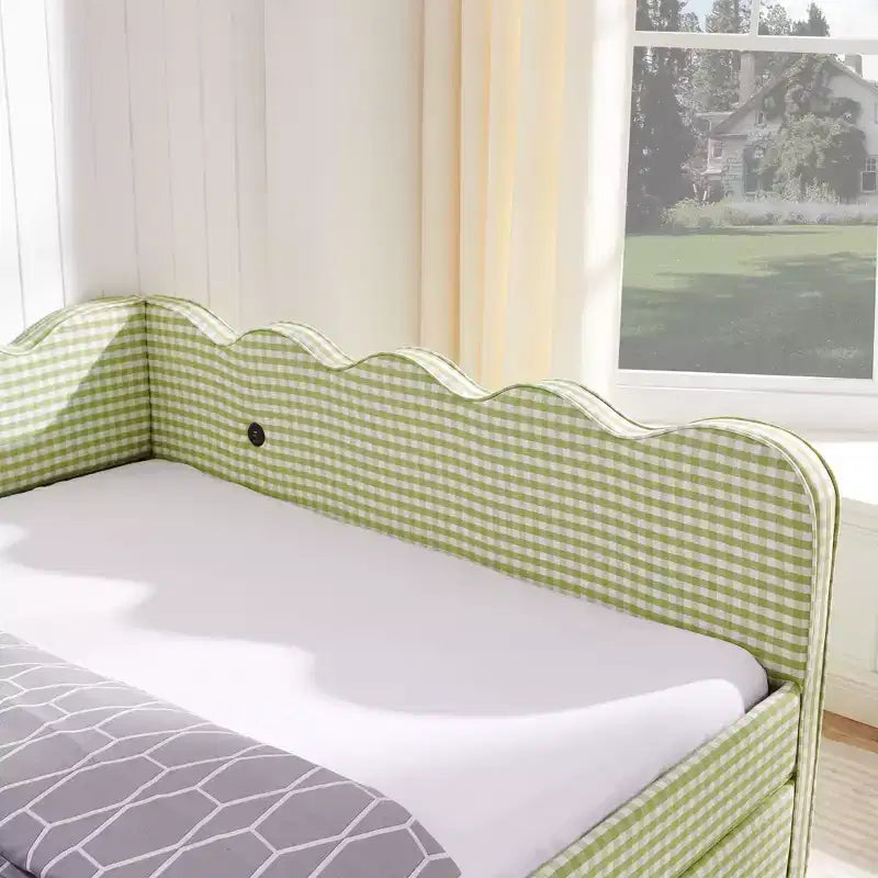 Daybed Queen Size in Gingham con Struttura Ondulata, 2 Cassetti Contenitori e Porta USB, Rivestito in Lino