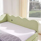 Daybed Queen Size in Gingham con Struttura Ondulata, 2 Cassetti Contenitori e Porta USB, Rivestito in Lino