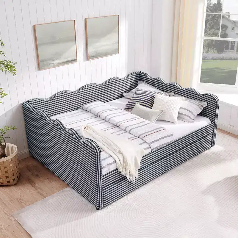 Daybed Queen Size in Gingham con Struttura Ondulata, 2 Cassetti Contenitori e Porta USB, Rivestito in Lino