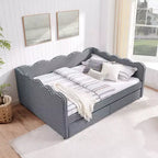 Daybed Queen Size in Gingham con Struttura Ondulata, 2 Cassetti Contenitori e Porta USB, Rivestito in Lino