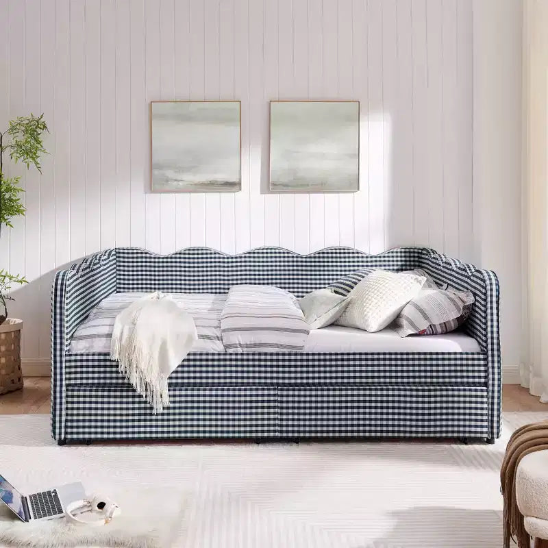 Daybed Queen Size in Gingham con Struttura Ondulata, 2 Cassetti Contenitori e Porta USB, Rivestito in Lino