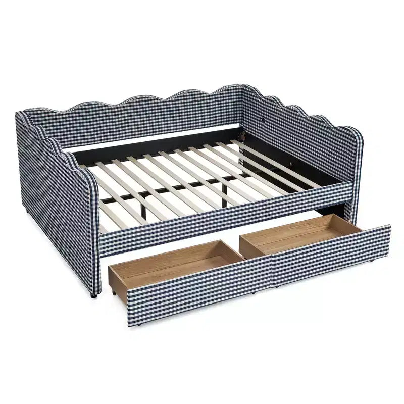 Daybed Queen Size in Gingham con Struttura Ondulata, 2 Cassetti Contenitori e Porta USB, Rivestito in Lino