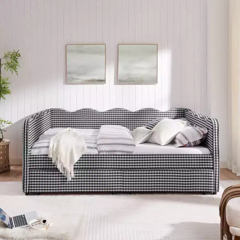 Daybed Queen Size in Gingham con Struttura Ondulata, 2 Cassetti Contenitori e Porta USB, Rivestito in Lino