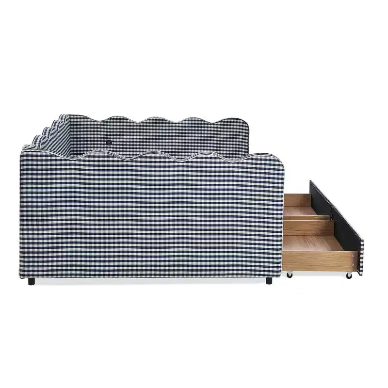 Daybed Queen Size in Gingham con Struttura Ondulata, 2 Cassetti Contenitori e Porta USB, Rivestito in Lino