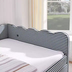 Daybed Queen Size in Gingham con Struttura Ondulata, 2 Cassetti Contenitori e Porta USB, Rivestito in Lino