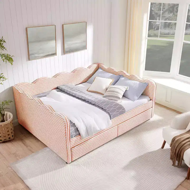 Daybed Queen Size in Gingham con Struttura Ondulata, 2 Cassetti Contenitori e Porta USB, Rivestito in Lino