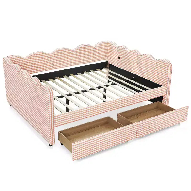 Daybed Queen Size in Gingham con Struttura Ondulata, 2 Cassetti Contenitori e Porta USB, Rivestito in Lino