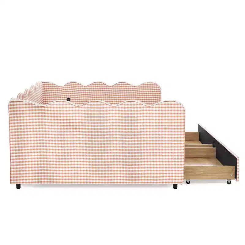 Daybed Queen Size in Gingham con Struttura Ondulata, 2 Cassetti Contenitori e Porta USB, Rivestito in Lino