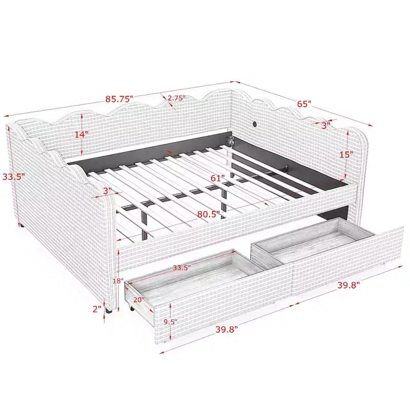 Daybed Queen Size in Gingham con Struttura Ondulata, 2 Cassetti Contenitori e Porta USB, Rivestito in Lino