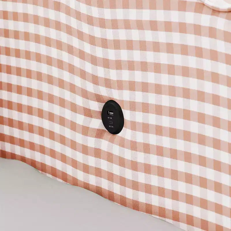 Daybed Queen Size in Gingham con Struttura Ondulata, 2 Cassetti Contenitori e Porta USB, Rivestito in Lino