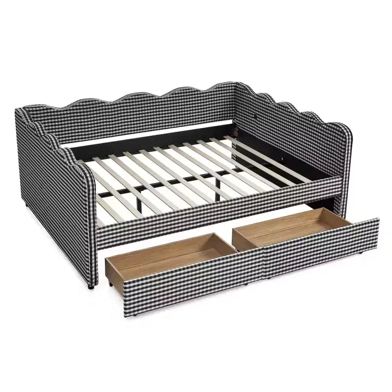 Daybed Queen Size in Gingham con Struttura Ondulata, 2 Cassetti Contenitori e Porta USB, Rivestito in Lino