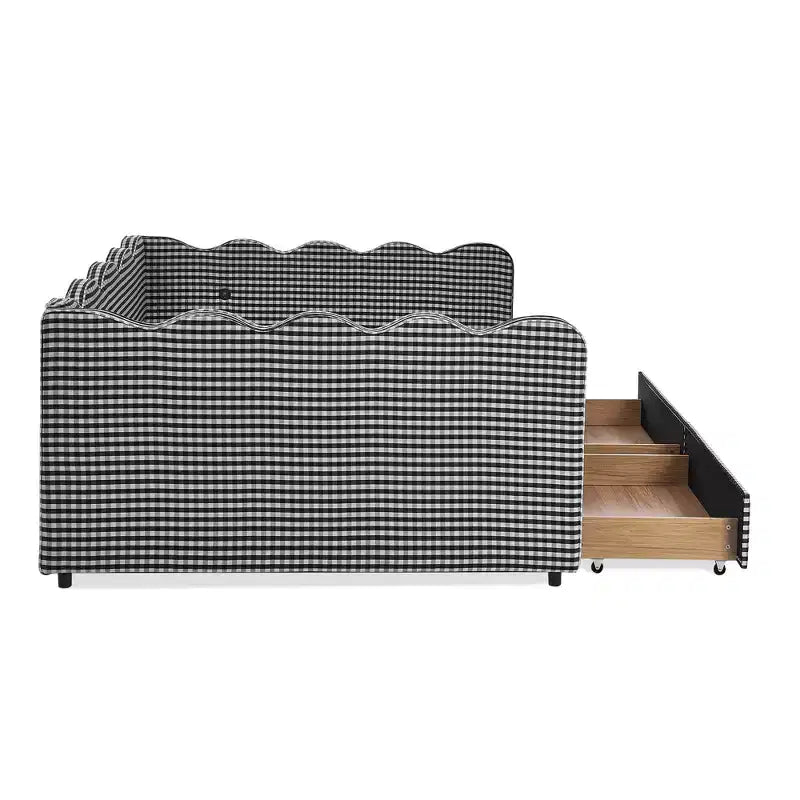 Daybed Queen Size in Gingham con Struttura Ondulata, 2 Cassetti Contenitori e Porta USB, Rivestito in Lino