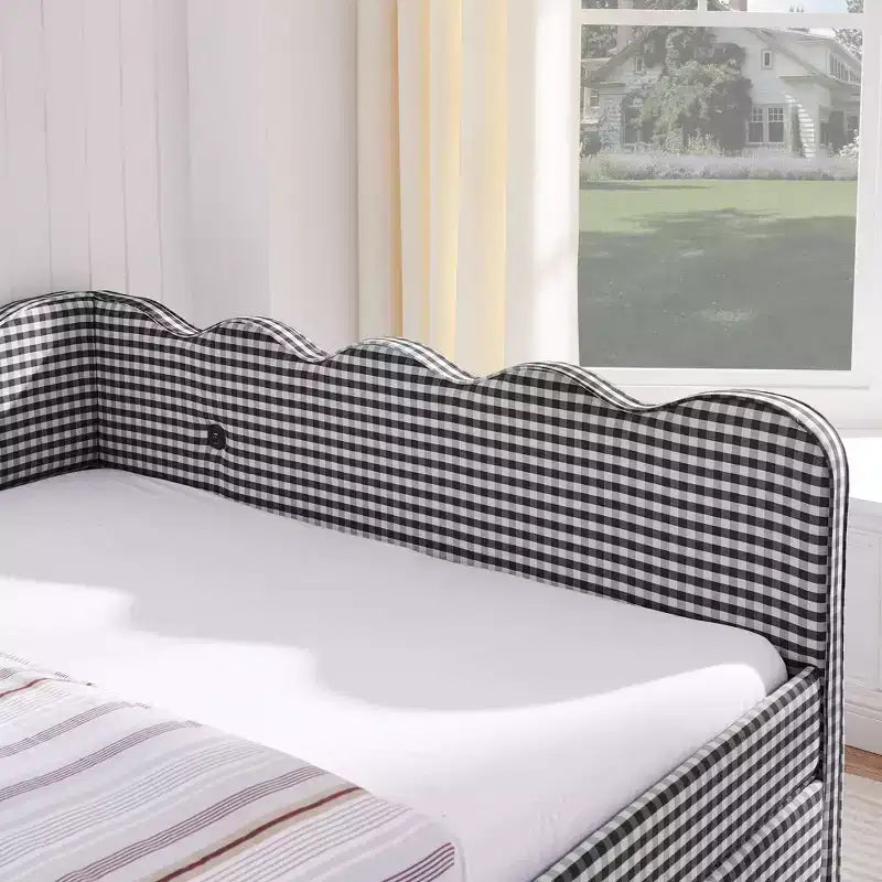 Daybed Queen Size in Gingham con Struttura Ondulata, 2 Cassetti Contenitori e Porta USB, Rivestito in Lino