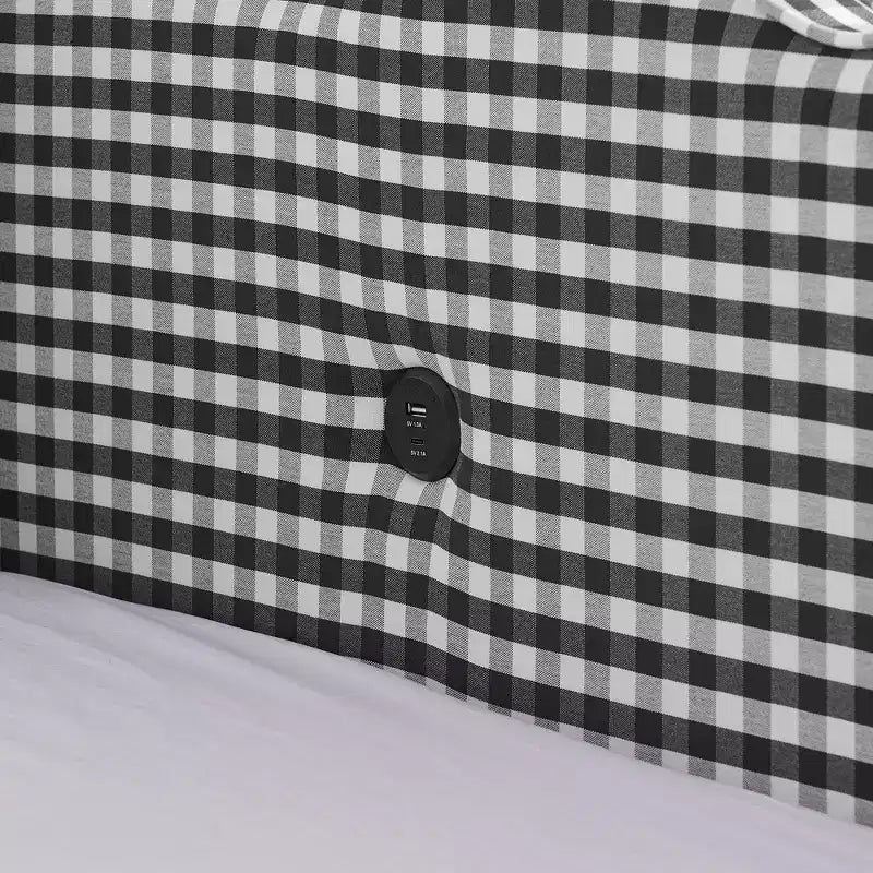 Daybed Queen Size in Gingham con Struttura Ondulata, 2 Cassetti Contenitori e Porta USB, Rivestito in Lino