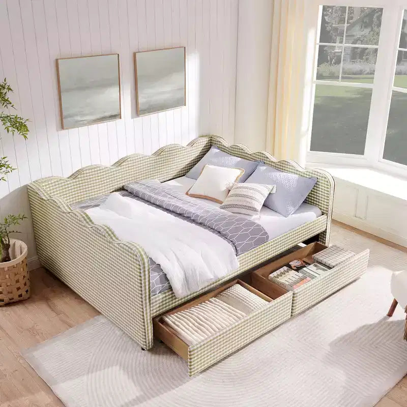 Daybed Queen Size in Gingham con Struttura Ondulata, 2 Cassetti Contenitori e Porta USB, Rivestito in Lino