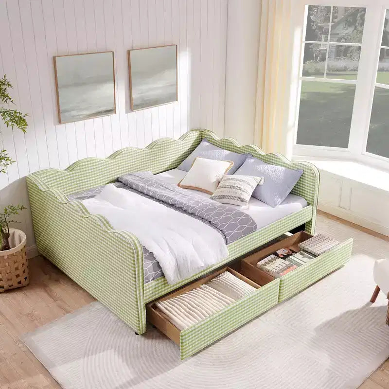 Daybed Queen Size in Gingham con Struttura Ondulata, 2 Cassetti Contenitori e Porta USB, Rivestito in Lino