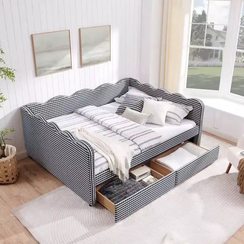 Daybed Queen Size in Gingham con Struttura Ondulata, 2 Cassetti Contenitori e Porta USB, Rivestito in Lino
