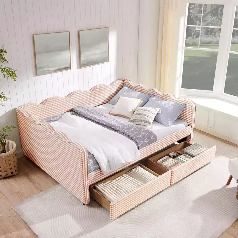 Daybed Queen Size in Gingham con Struttura Ondulata, 2 Cassetti Contenitori e Porta USB, Rivestito in Lino