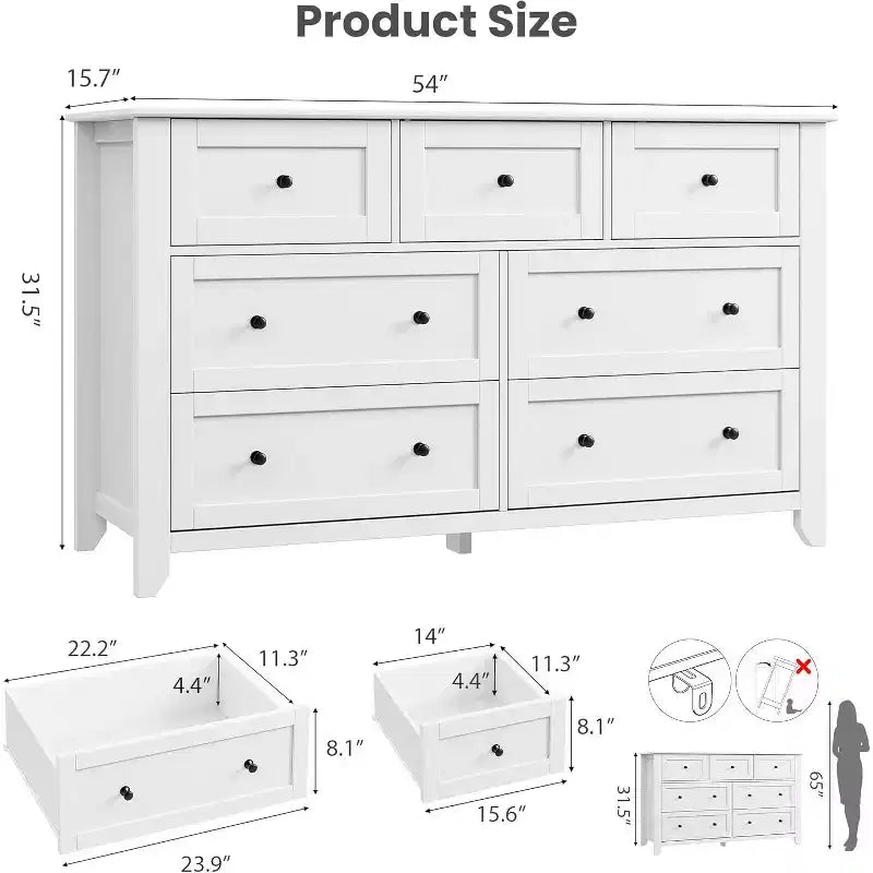 Comò a 7 cassetti da 54" con pomelli in metallo e gambe in legno