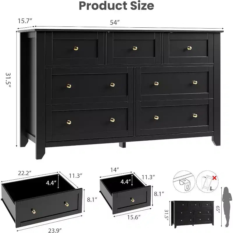 Comò a 7 cassetti da 54" con pomelli in metallo e gambe in legno