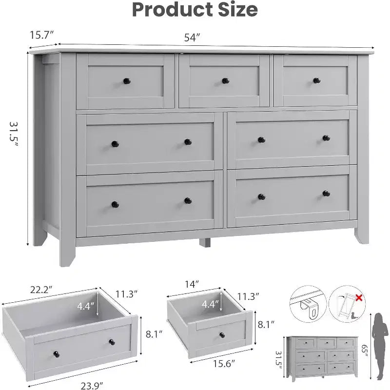 Comò a 7 cassetti da 54" con pomelli in metallo e gambe in legno