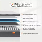 Materasso Ibrido in Memory Foam Rinfrescante con Gel da 10/12 Pollici – Rigidità Media