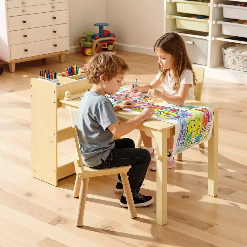 Tavolo e sedie per bambini con mobiletto contenitore, scrivania da gioco in legno con 2 sedie, legno chiaro