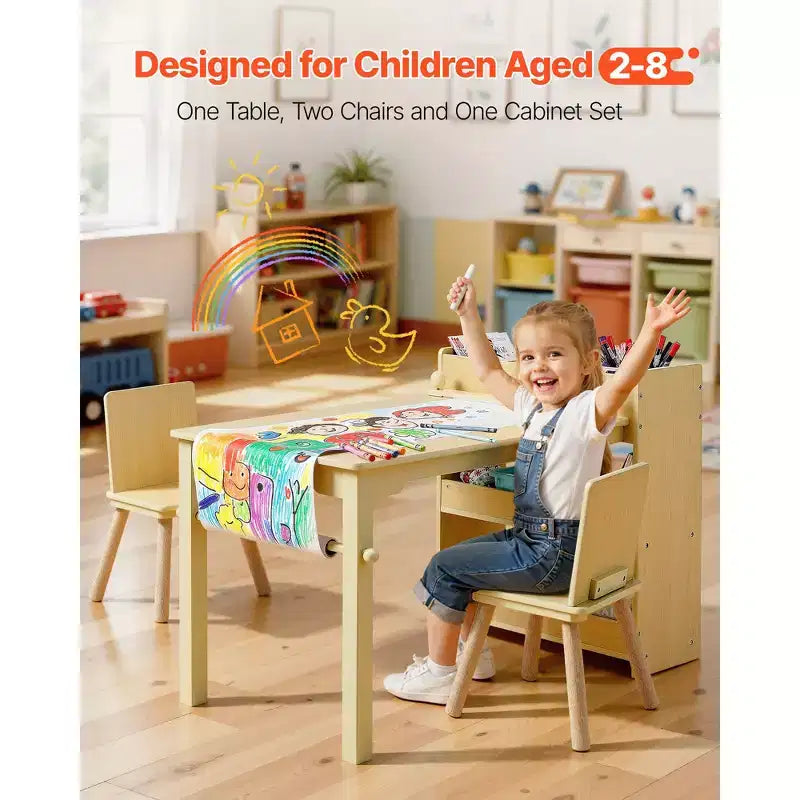 Tavolo e sedie per bambini con mobiletto contenitore, scrivania da gioco in legno con 2 sedie, legno chiaro