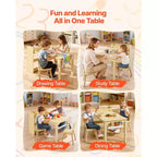 Tavolo e sedie per bambini con mobiletto contenitore, scrivania da gioco in legno con 2 sedie, legno chiaro
