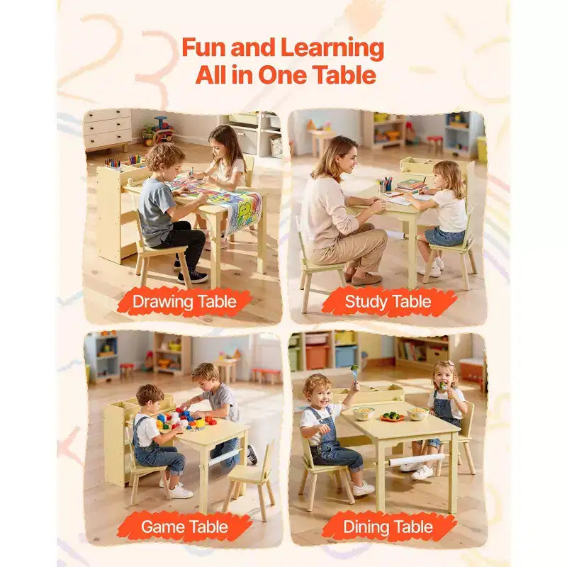 Tavolo e sedie per bambini con mobiletto contenitore, scrivania da gioco in legno con 2 sedie, legno chiaro