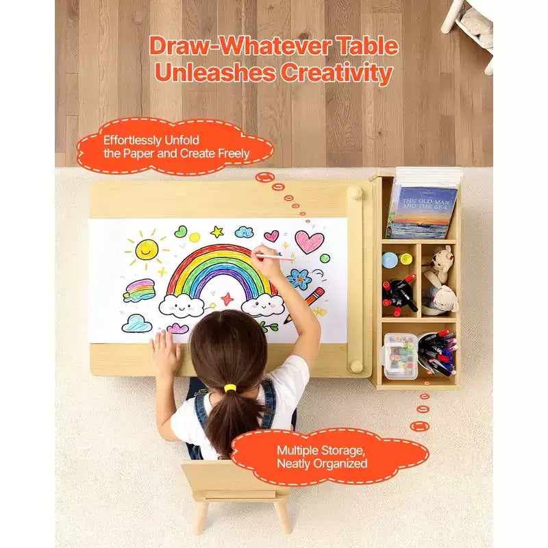 Tavolo e sedie per bambini con mobiletto contenitore, scrivania da gioco in legno con 2 sedie, legno chiaro