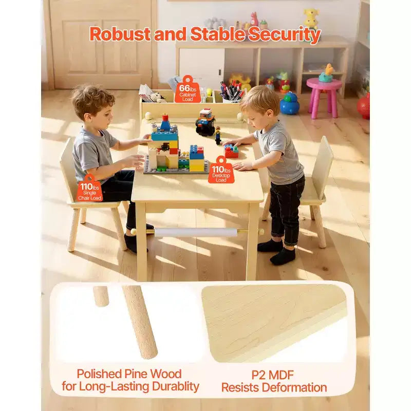 Tavolo e sedie per bambini con mobiletto contenitore, scrivania da gioco in legno con 2 sedie, legno chiaro